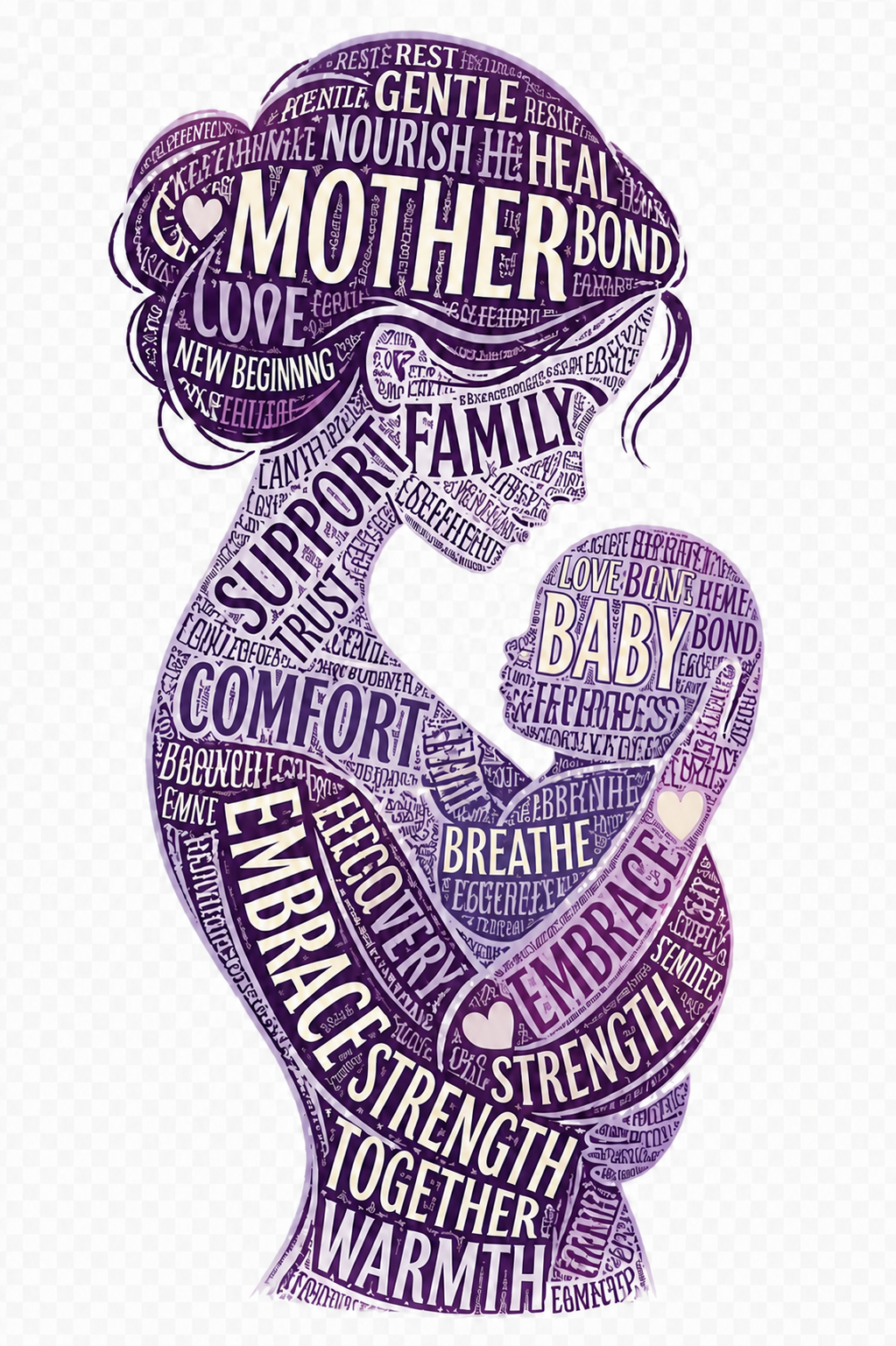Typographic silhouette of a mother lovingly holding her baby